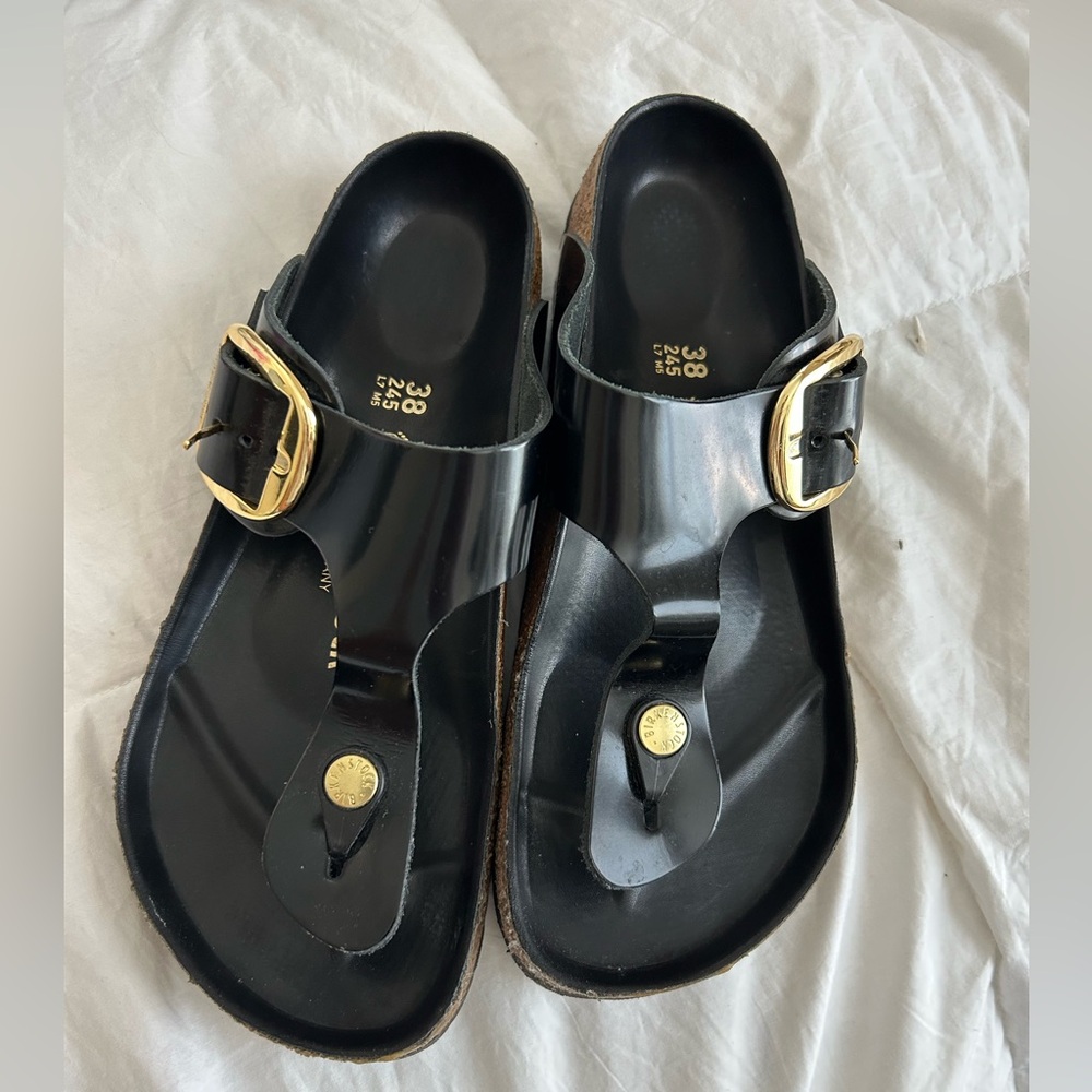 Birkenstock Gizeh Black Sandals with Gold Buckle